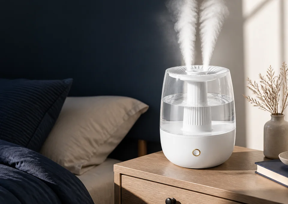 Clear Tank Dual Mist Humidifier in a bedroom