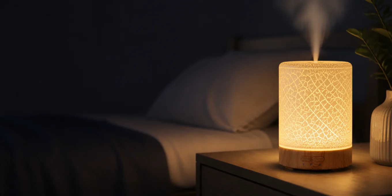 Crackle Glow Mist Humidifier on a nightstand