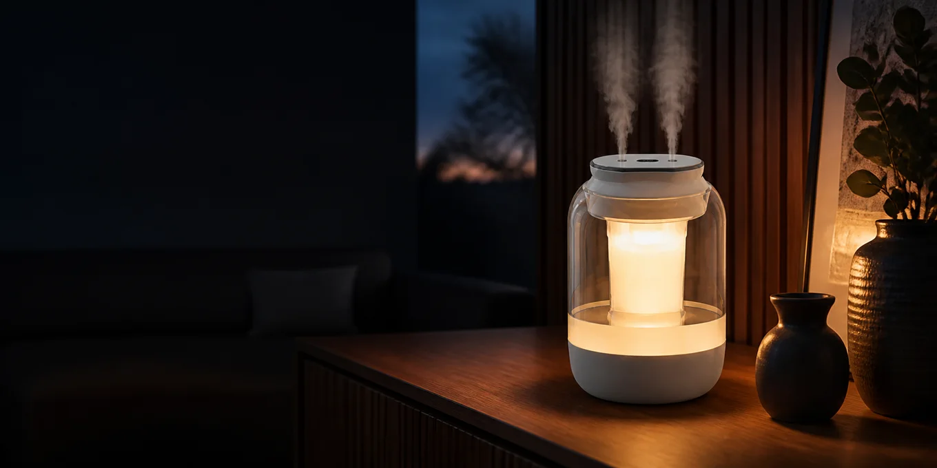 Dual Mist Lantern Humidifier glowing in a living room